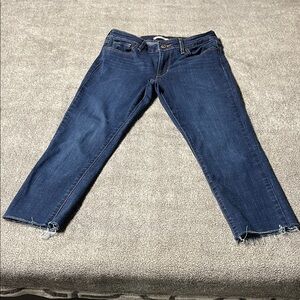 Women's Cropped Frayed Hem Jeans - Dark Blue